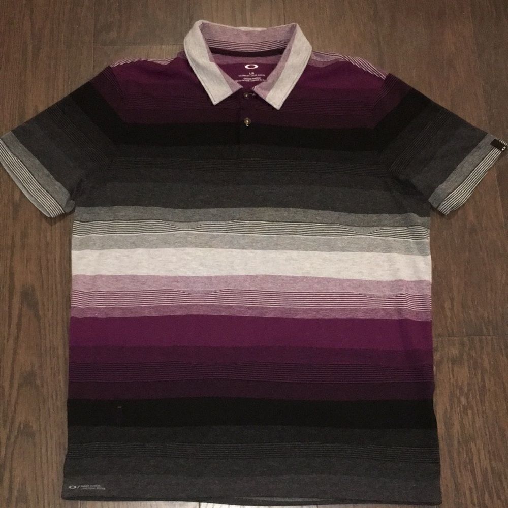 Amazing Purple Black Gray Stripe Oakley Golf Polo Shirt with Eyewear pocket wipe